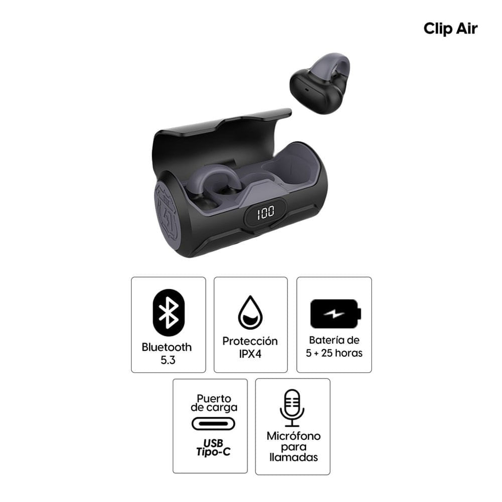 Imagen 2 del producto Audífonos bluetooth True Wireless Decibel Clip Air duración máx. 30 horas con estuche de carga, control táctil, USB Tipo-C, negro (reempacado)