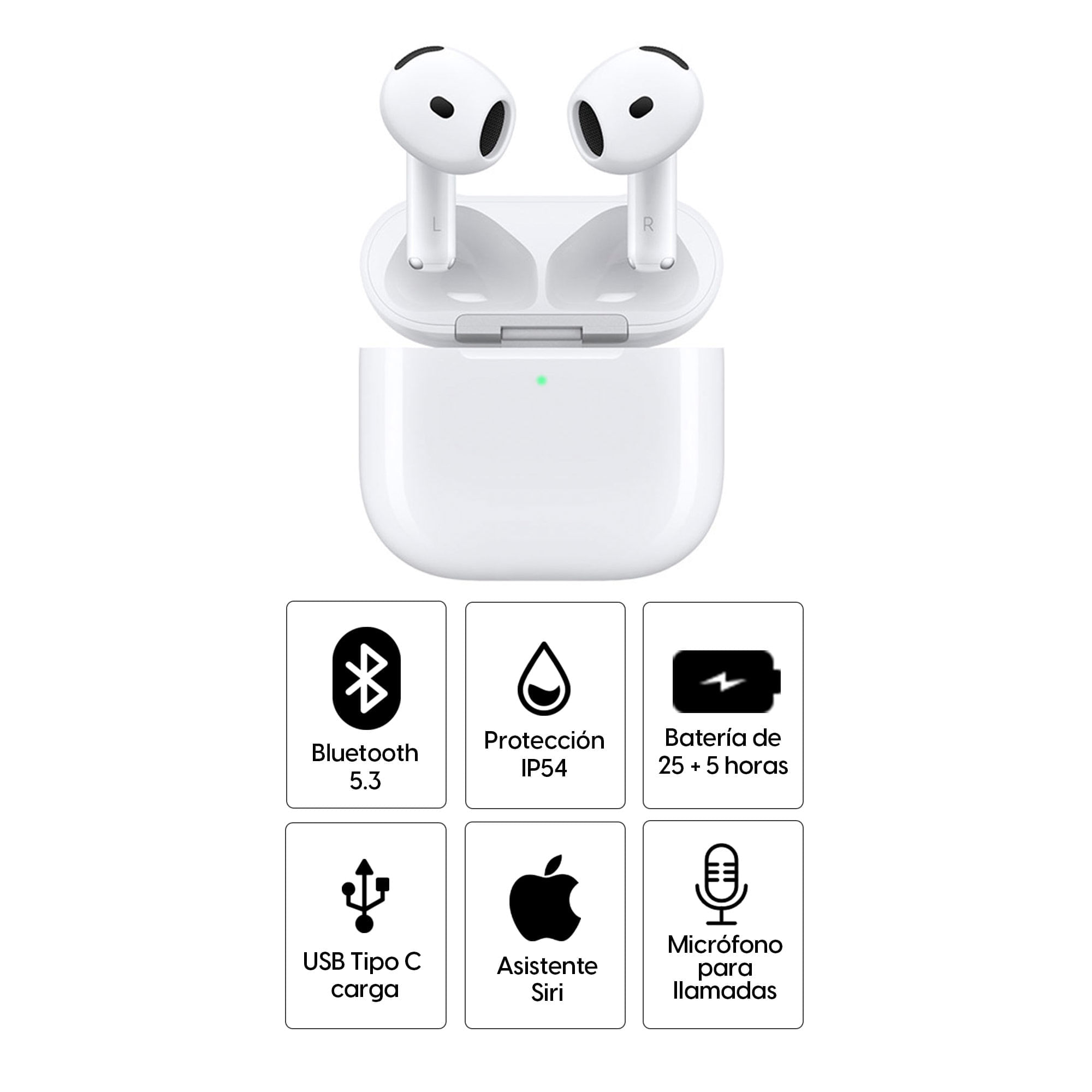 Imagen 2 del producto Airpods (4ta Gen) resistente al agua IP54, duración máx. 30 horas con estuche de carga, control táctil, blanco (reempacado)
