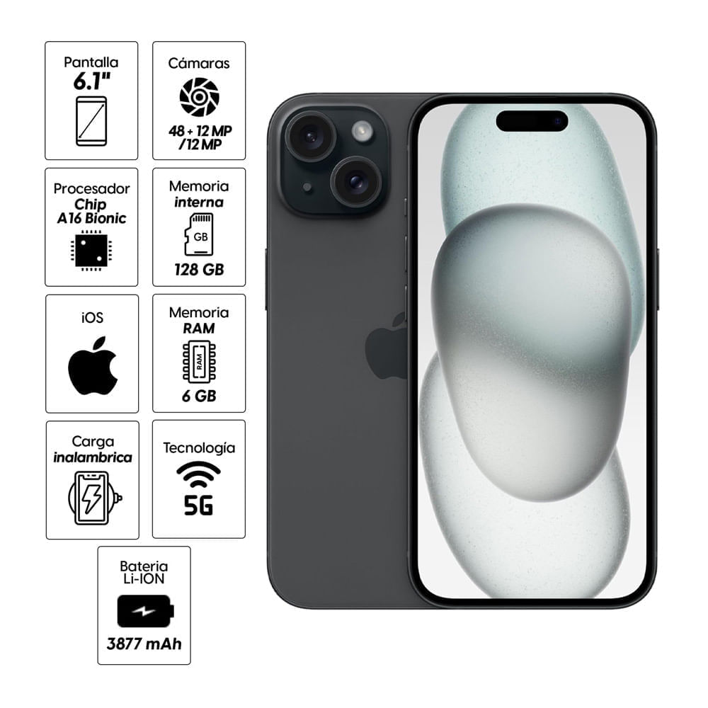 Imagen 2 del producto Reacondicionado: iPhone 15 5G 128GB, 6GB RAM, cámara trasera 48MP y frontal 12MP, 6.1"", negro