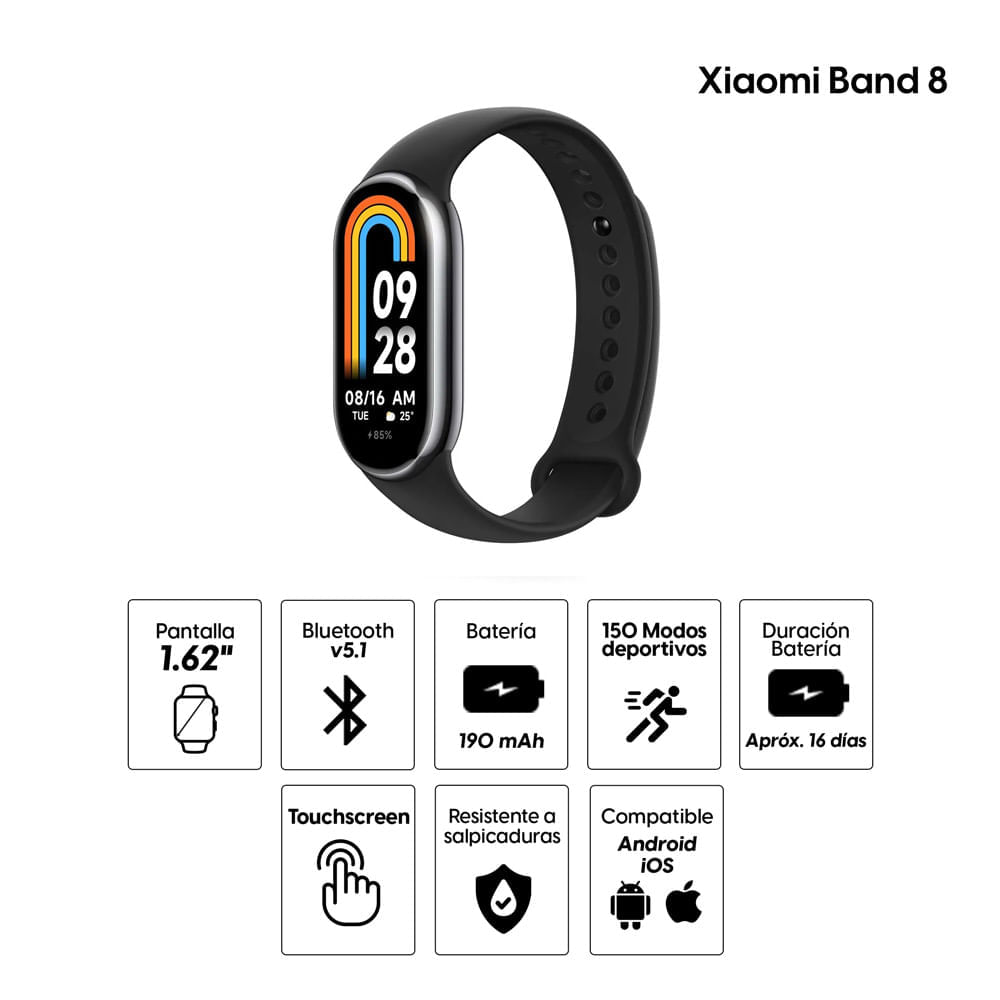 Imagen 2 del producto Smartband Xiaomi Band 8 pantalla 1.62"", resistente al agua 5ATM, aprox. 14 días de batería, 150 modos deportivos, SPO2, negro (reempacado)