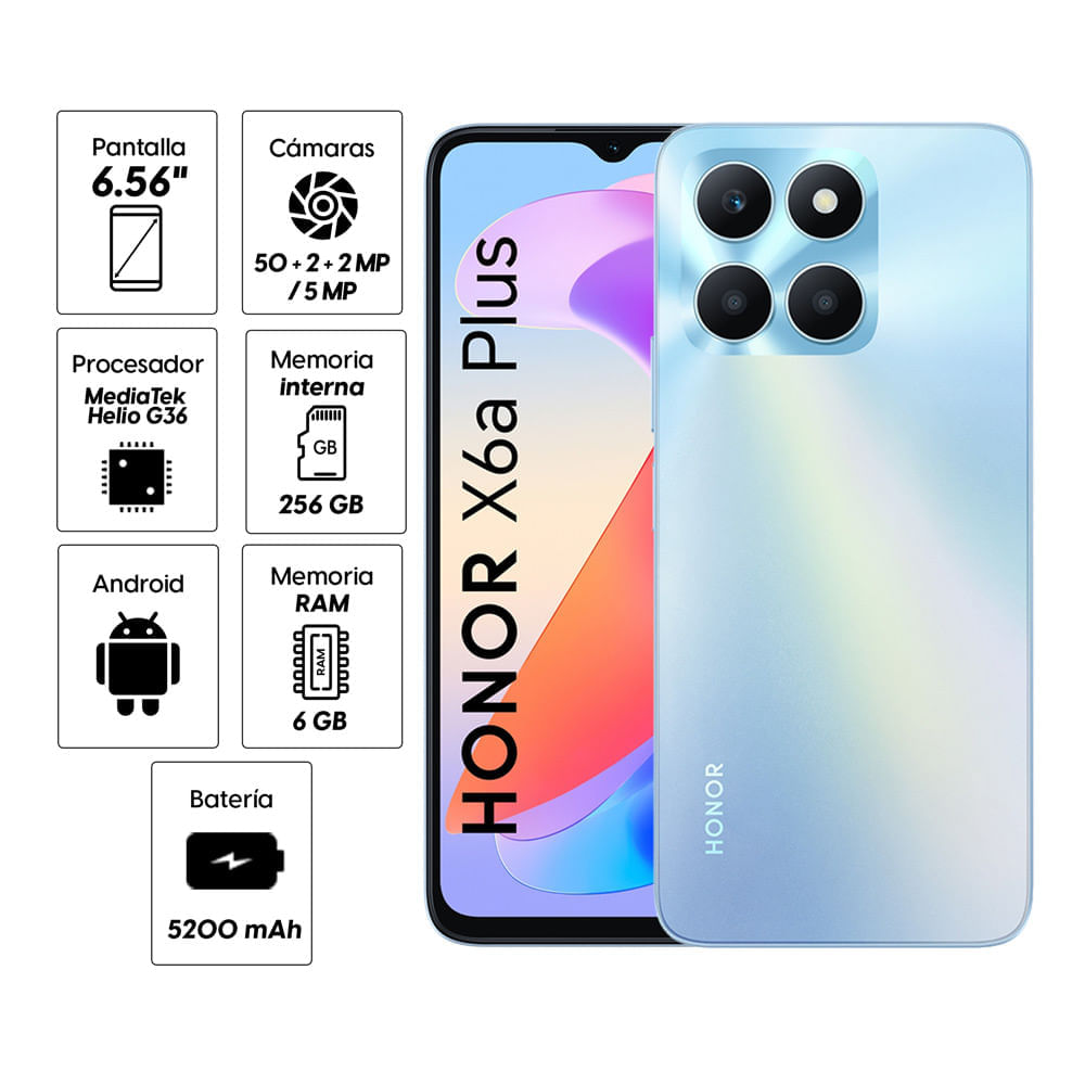 Imagen 2 del producto Reacondicionado: Celular Honor X6A Plus 256GB, 6GB RAM, cámara trasera 50MP y frontal 5MP, 6.5"", celeste