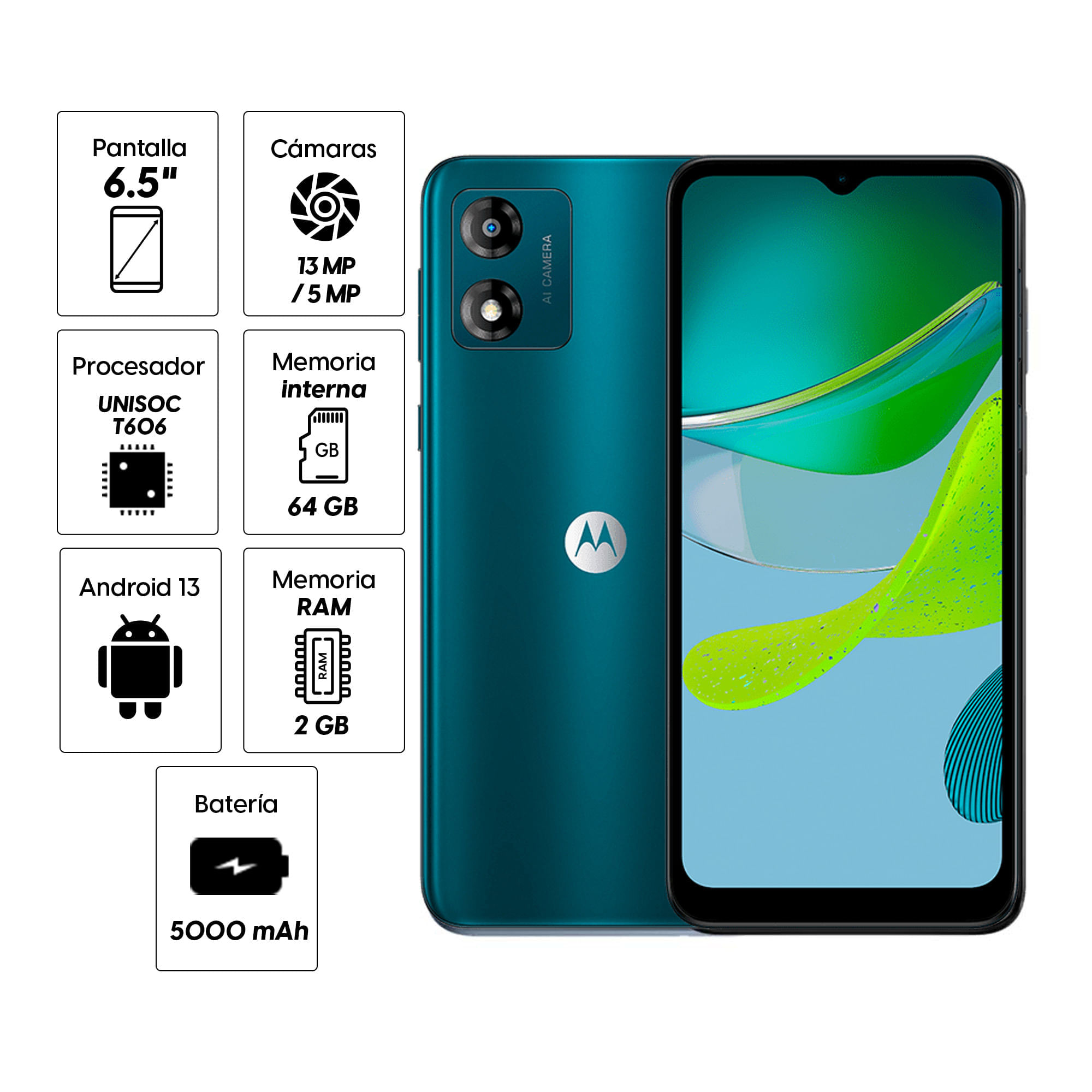 Imagen 2 del producto Reacondicionado: Celular Motorola E13 64GB, 2GB RAM, cámara trasera 13MP y frontal 5MP, 6.5"", verde aurora