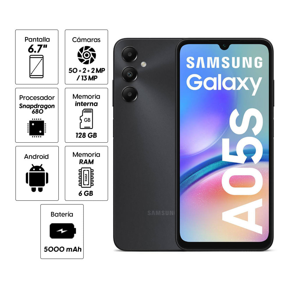 Imagen 2 del producto Celular Samsung Galaxy A05s 128GB, 6GB RAM, cámara trasera 50MP y frontal 13MP, 6.7"", negro (reempacado)