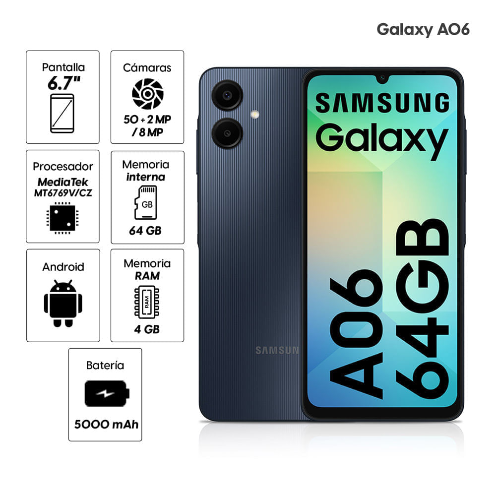 Imagen 2 del producto Celular Samsung Galaxy A06 4G 64GB, 4GB RAM, cámara trasera 50MP y frontal 8MP, 6.7"", negro (reempacado)