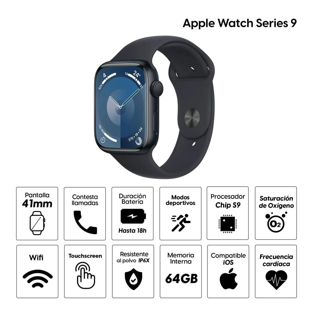 Imagen 2 del producto Reacondicionado: Apple Watch Series 9 41mm, GPS, certificación IP6X, batería hasta 18 horas, Talla S/M, memoria 64GB, sport band negro