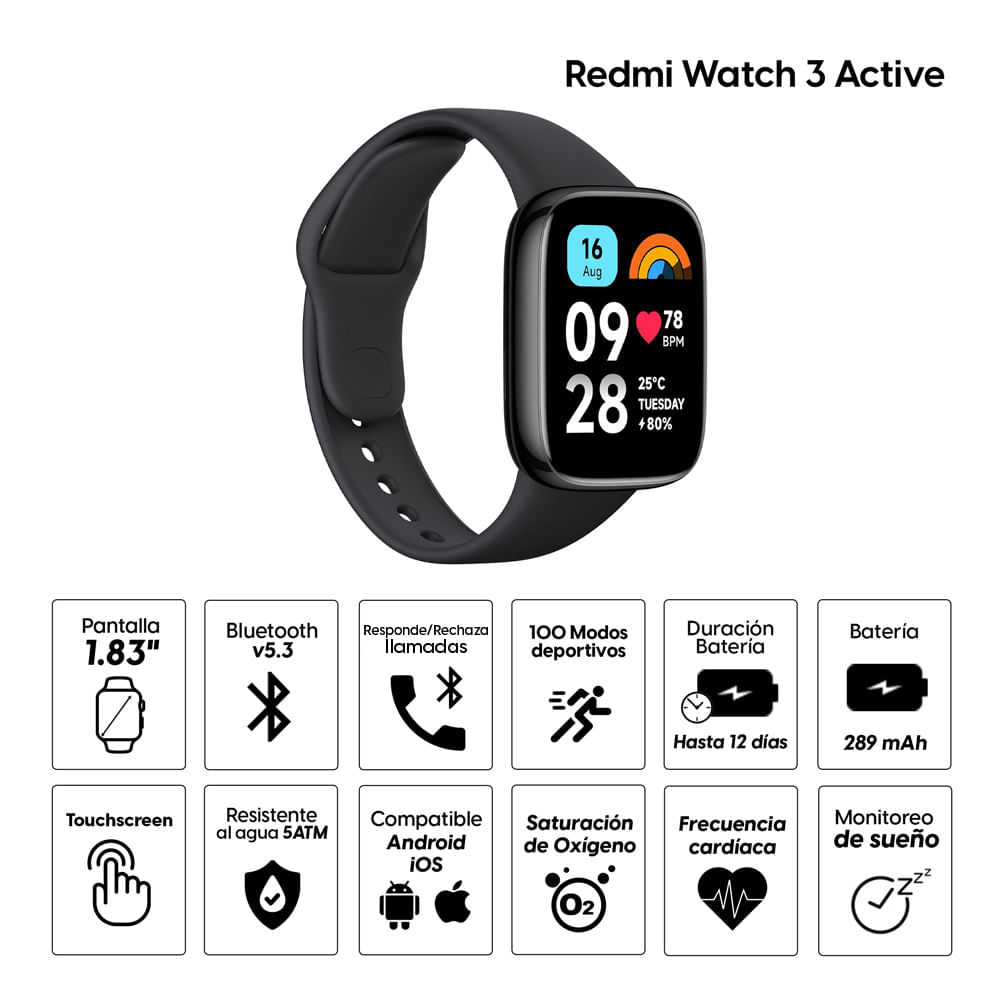 Imagen 2 del producto Reacondicionado: Smartwatch Xiaomi Redmi Watch 3 Active pantalla LCD 1.83"", resistente al agua 5 ATM, batería 12 días, 100 modos deportivos, negro