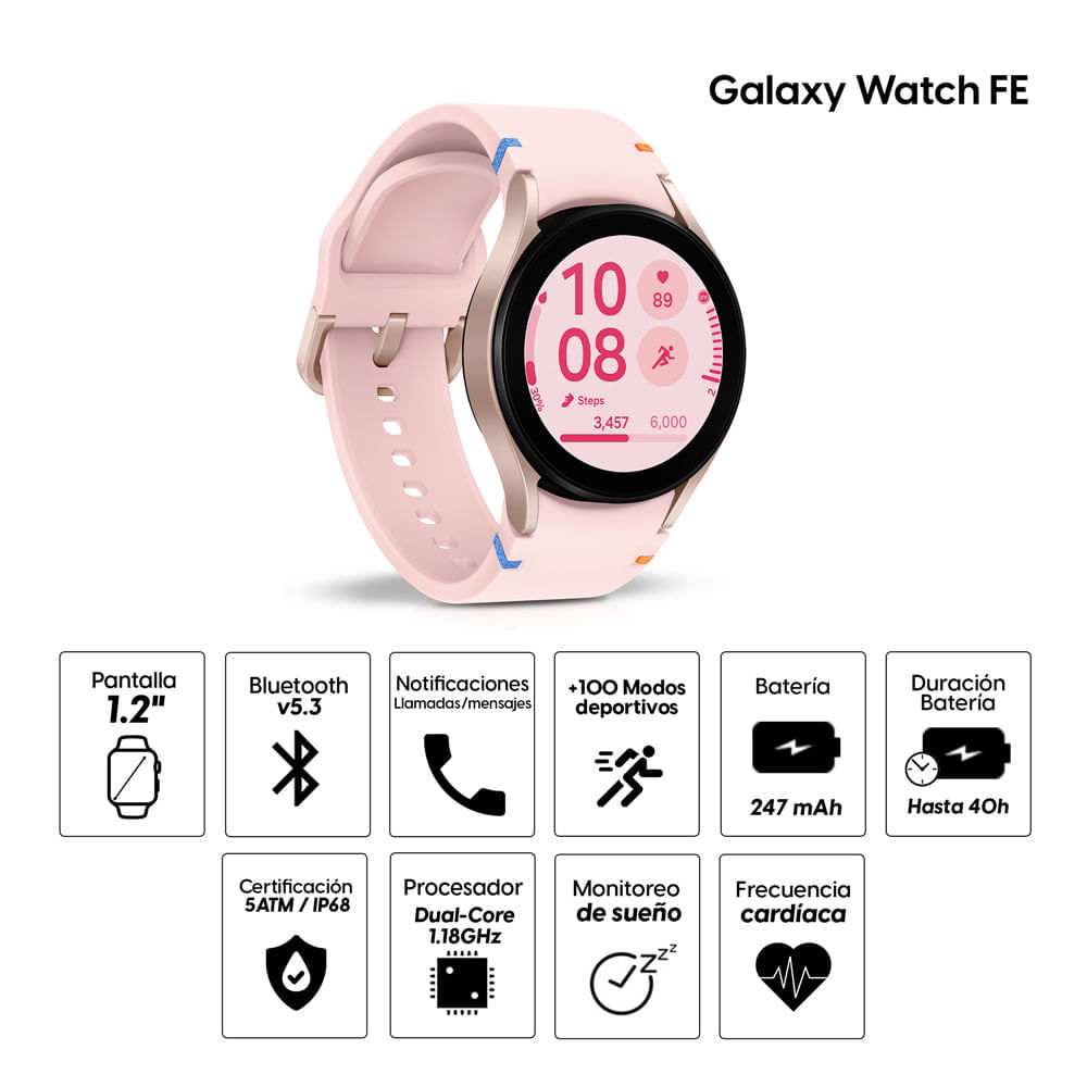 Imagen 2 del producto Reacondicionado: Smartwatch Samsung Galaxy Watch FE pantalla 1.2”/30.4mm, certificación IP68/5ATM, batería hasta 40 horas, +100 modos deportivos, rosa