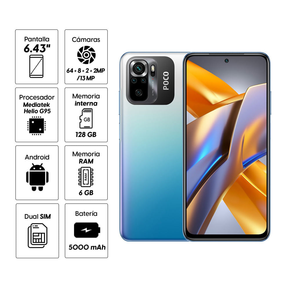 Imagen 2 del producto Reacondicionado: Celular Xiaomi Poco M5s 128GB, 6GB RAM, cámara trasera 64MP y frontal 13MP, 6.43"", color azul