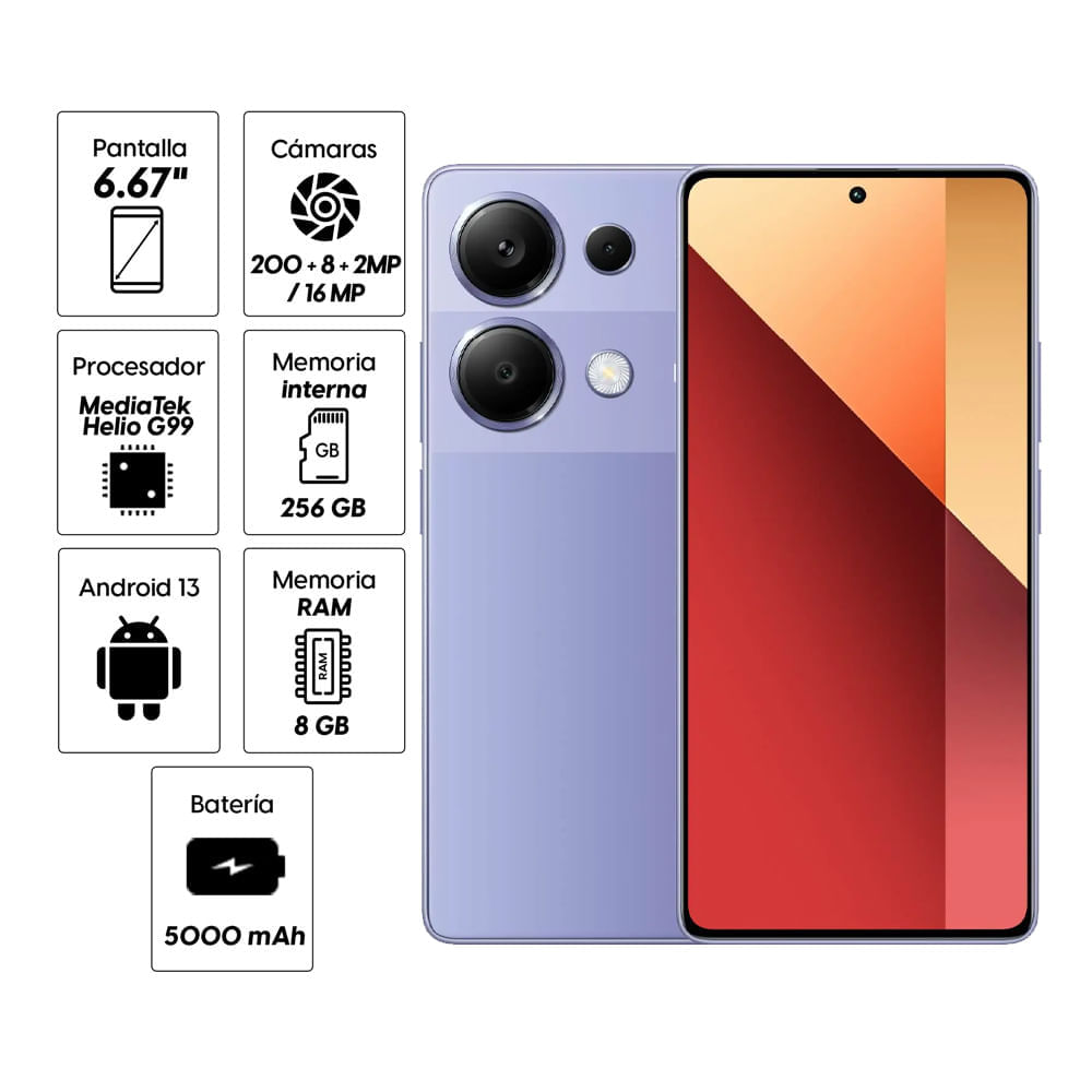 Imagen 2 del producto Reacondicionado: Celular Xiaomi Redmi Note 13 Pro 4G 256GB, 8GB RAM, cámara trasera 200MP + 8MP +2MP y frontal 16MP, 6.67"", morado