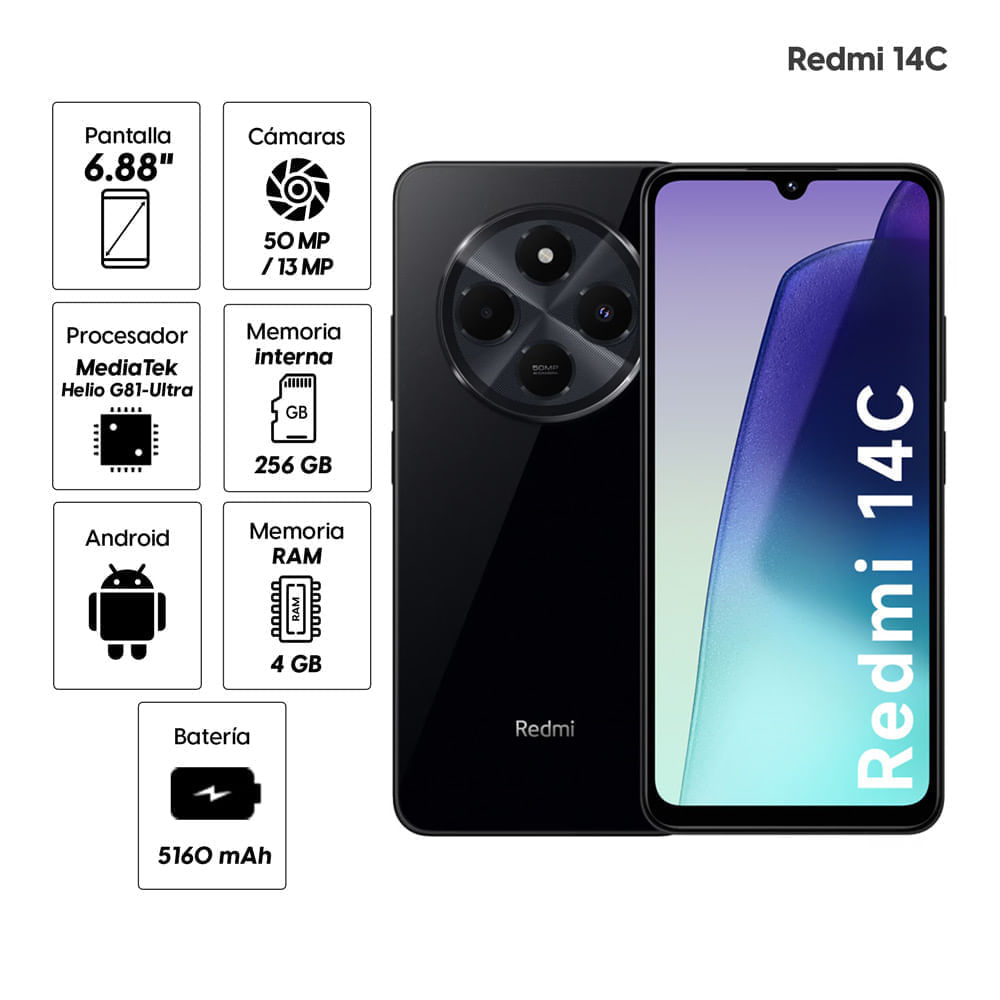 Imagen 2 del producto Reacondicionado: Celular Xiaomi Redmi 14C 4G 256GB, 4GB RAM, cámara trasera 50MP y frontal 13MP, 6.88"", negro