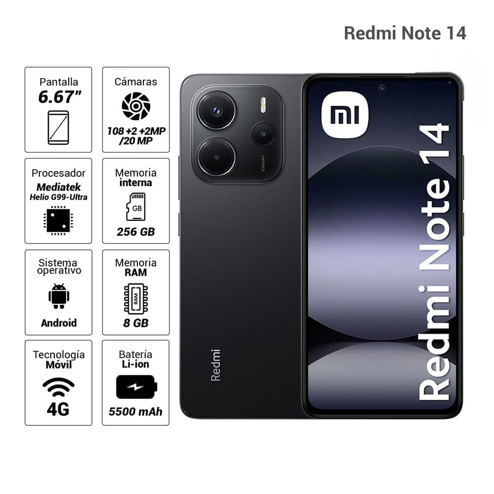 Imagen 2 del producto Reacondicionado: Celular Xiaomi Redmi Note 14 4G 256GB, 8GB RAM, cámara trasera 108MP y frontal 20MP, 6.67'', negro + Audífonos Buds 6 Play