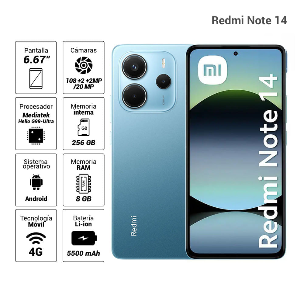 Imagen 2 del producto Reacondicionado: Celular Xiaomi Redmi Note 14 4G 256GB, 8GB RAM, cámara trasera 108MP+2MP+2MP y frontal 20MP, 6.67'', azul + Audífonos Buds 6 Play
