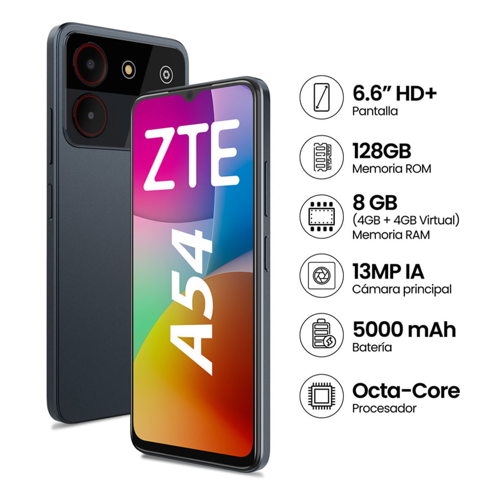 Imagen 2 del producto Reacondicionado: Celular ZTE A54 128GB, 4GB RAM, cámara trasera 13MP y frontal 2MP, gris 6.6"", gris