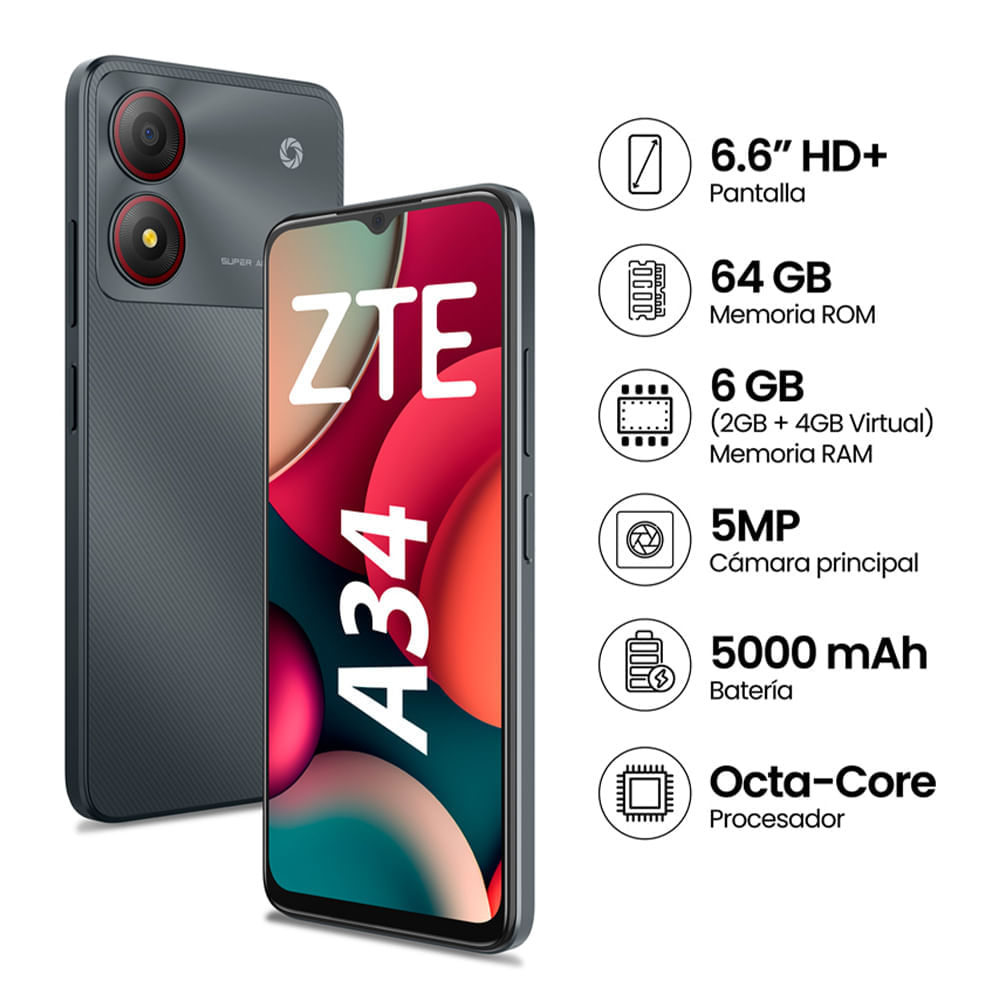 Imagen 2 del producto Reacondicionado: Celular ZTE A34 64GB, 2GB RAM, cámara trasera 8MP y frontal 2MP, gris 6.6"", gris