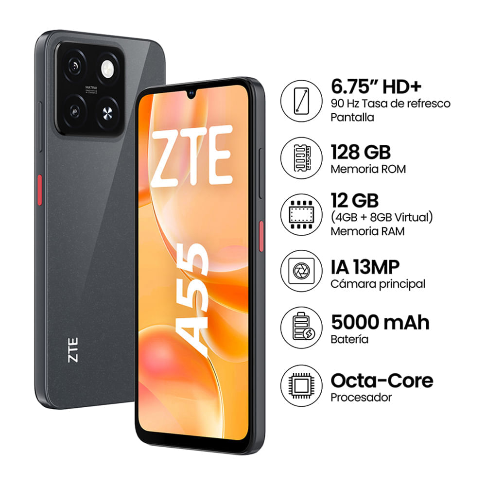 Imagen 2 del producto Reacondicionado: Celular ZTE A55 4G 128GB, 4GB RAM, cámara trasera 13MP y frontal 8MP, 6.75"", negro