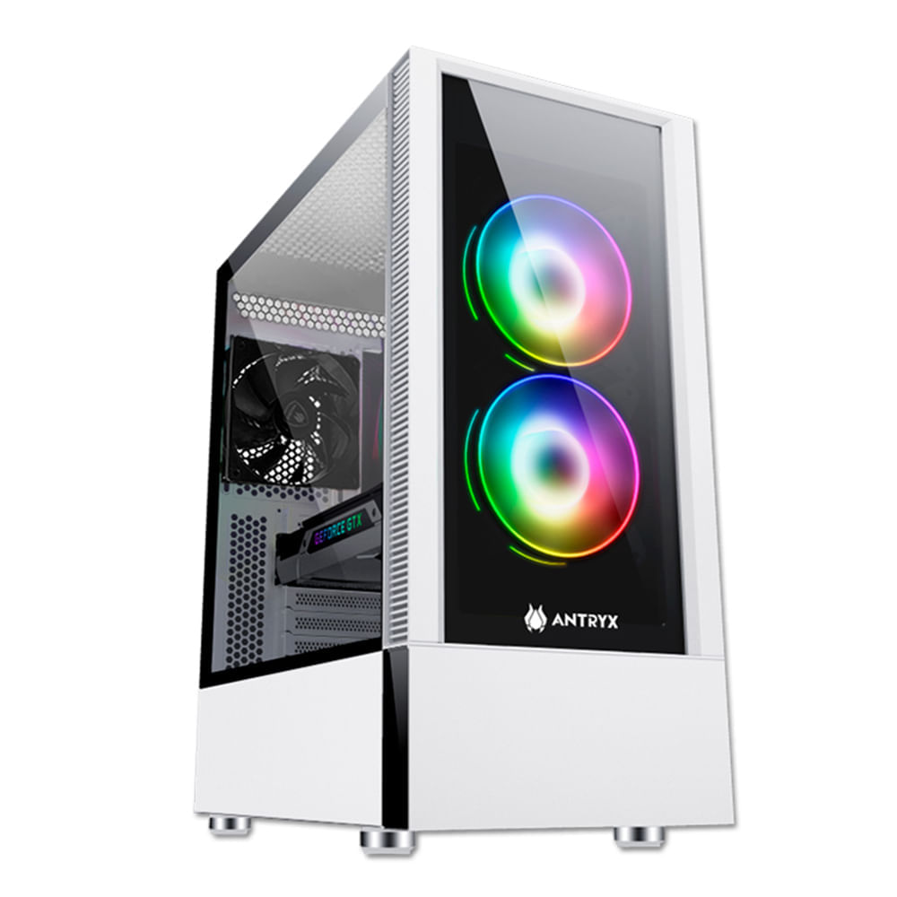 Gabinete Antryx RX-460 white, incluye 2 ventiladores ARGB, panel lateral de vidrio templado, sin fuente (reempacado)