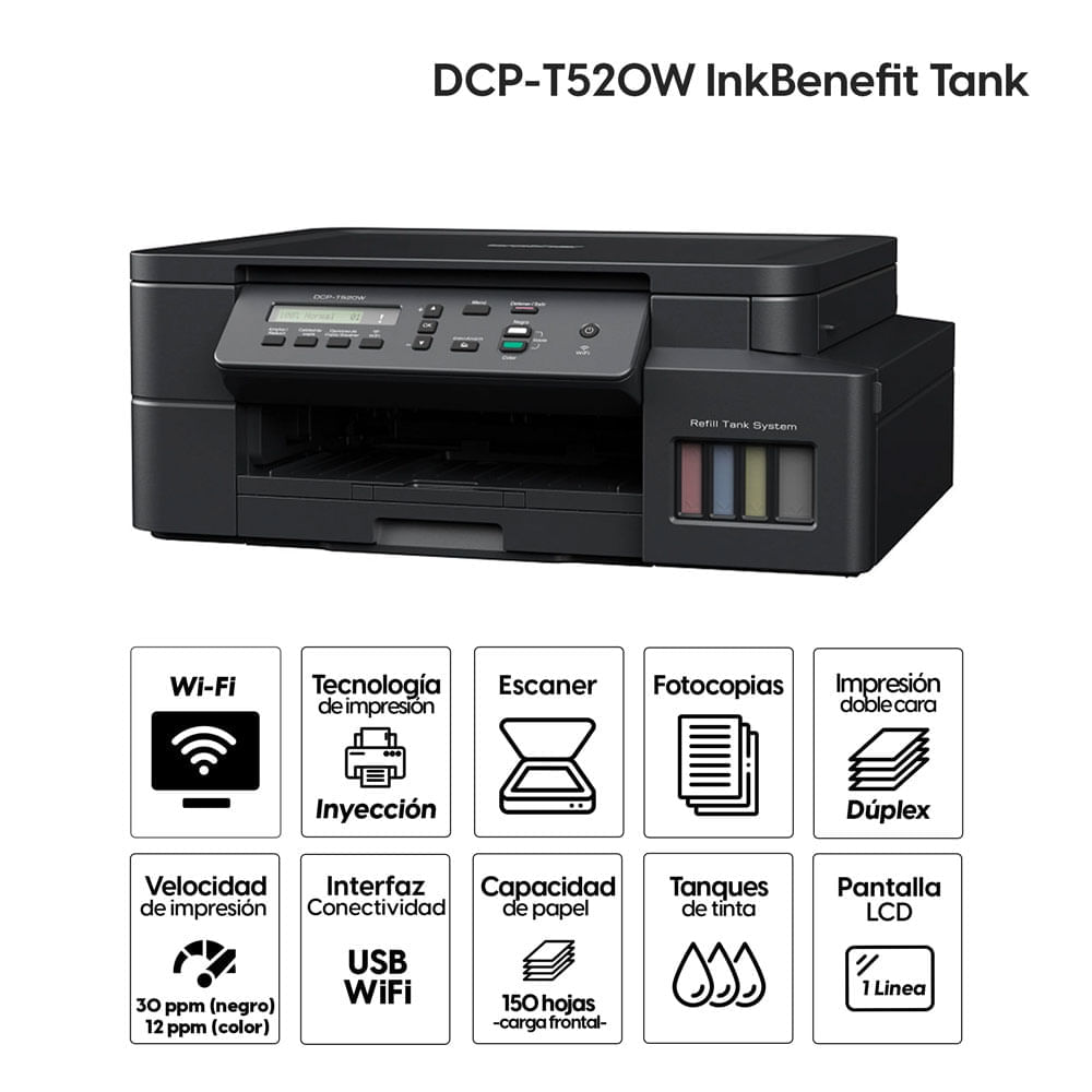 Imagen 2 del producto Impresora multifuncional Brother DCP-T520W, inyección de tinta, inalámbrica, Wi-Fi, con tanques recargables (reempacado)