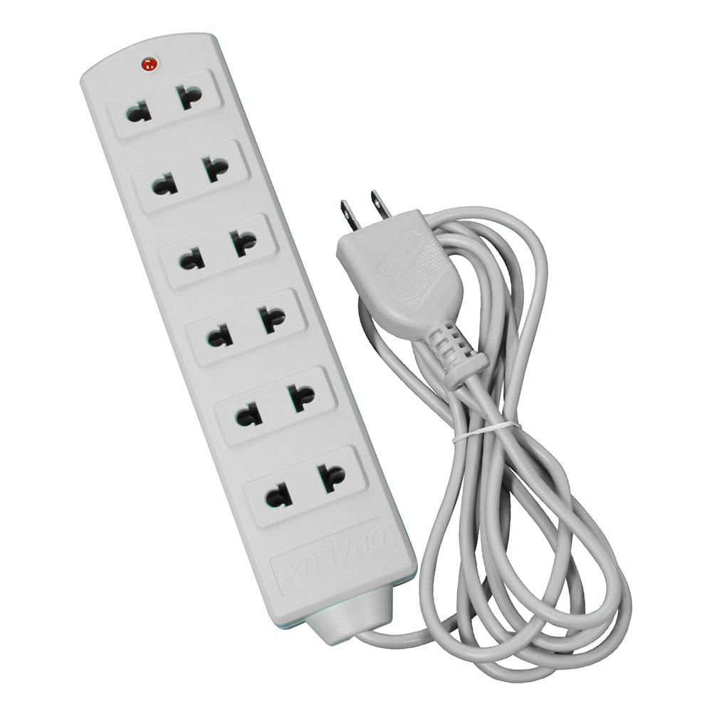Extensión Opalux OP-730-3M 6 tomas vulcanizado con cable de 3 metros, alta resistencia, uso doméstico u oficina, gris