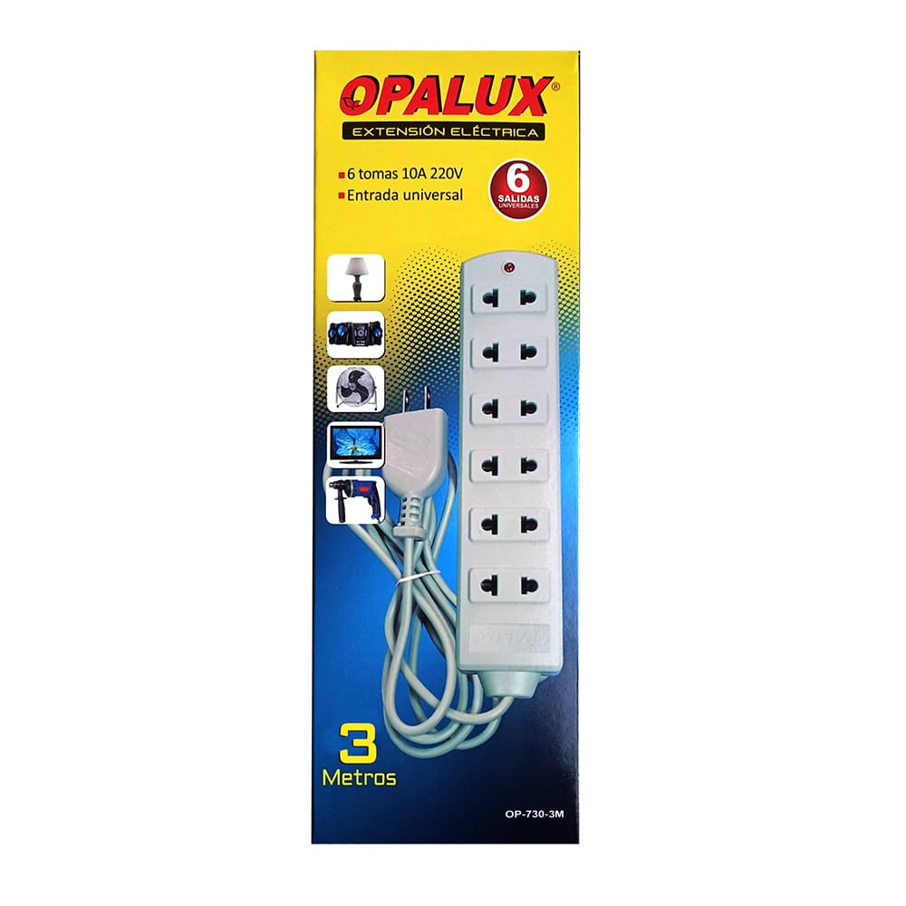 Imagen 2 del producto Extensión Opalux OP-730-3M 6 tomas vulcanizado con cable de 3 metros, alta resistencia, uso doméstico u oficina, gris