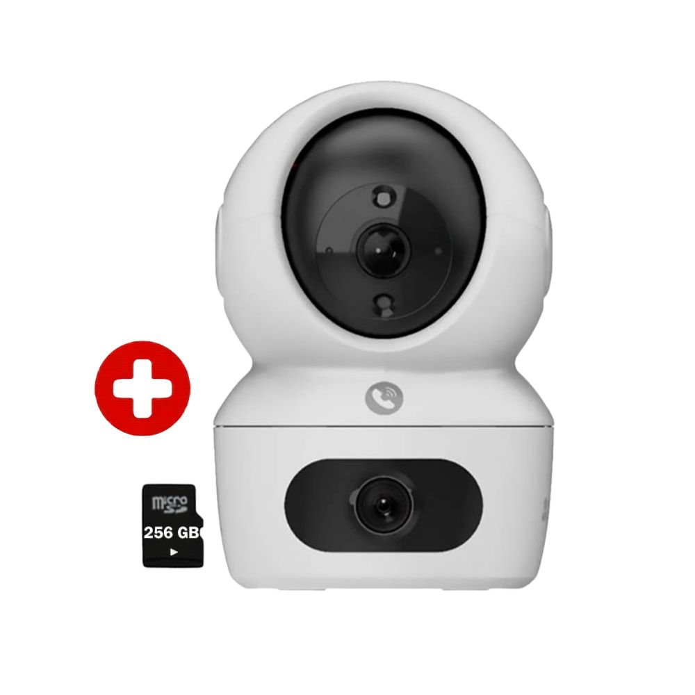 Combo cámara Ezviz H7C 4MP+4MP binocular interior 360°, IA, doble lente 2K⁺, audio bidireccional y SD 256GB