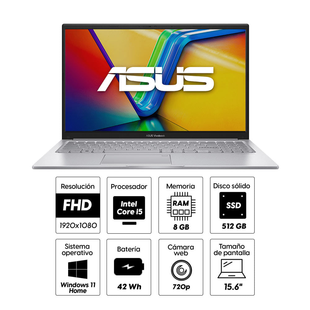 Imagen 2 del producto Reacondicionado: Laptop Asus Vivobook 15.6"" Intel Core i5-1235U, 512GB SSD, 8GB RAM, Win11 Home, plateado