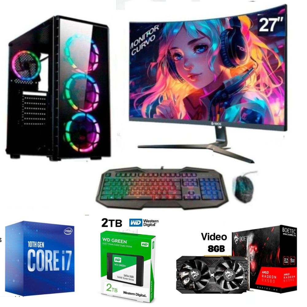 PC Gamer Intel Core i7 10th + RAM 32GB + SSD 2TB + RX 580 8GB + monitor 27", FreeDos + RGB