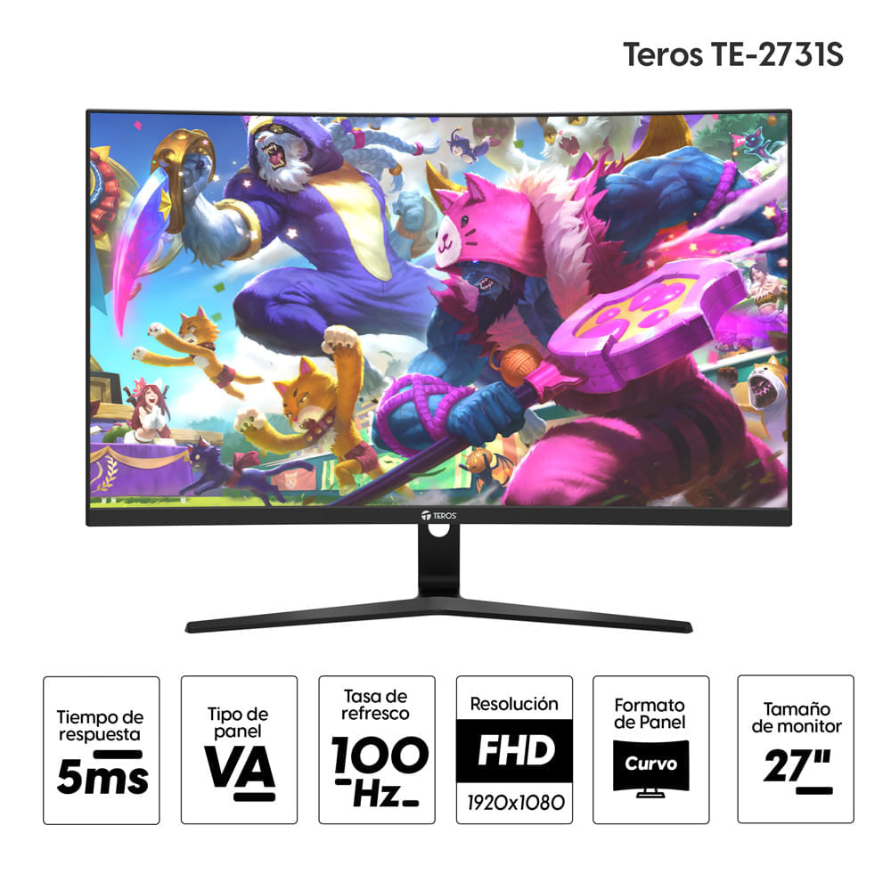 Imagen 2 del producto Monitor curvo Teros TE-2731S 27"" Panel VA, FHD, 100Hz, 5ms, entradas HDMI/VGA (reempacado)