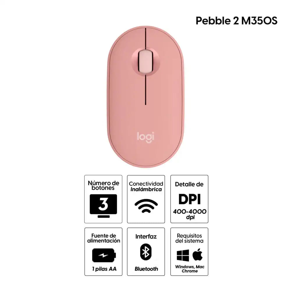 Imagen 2 del producto Reacondicionado: Mouse inalámbrico Logitech Pebble 2 M350S bluetooth, 1000 dpi, 3 botones, usa pila, rosado