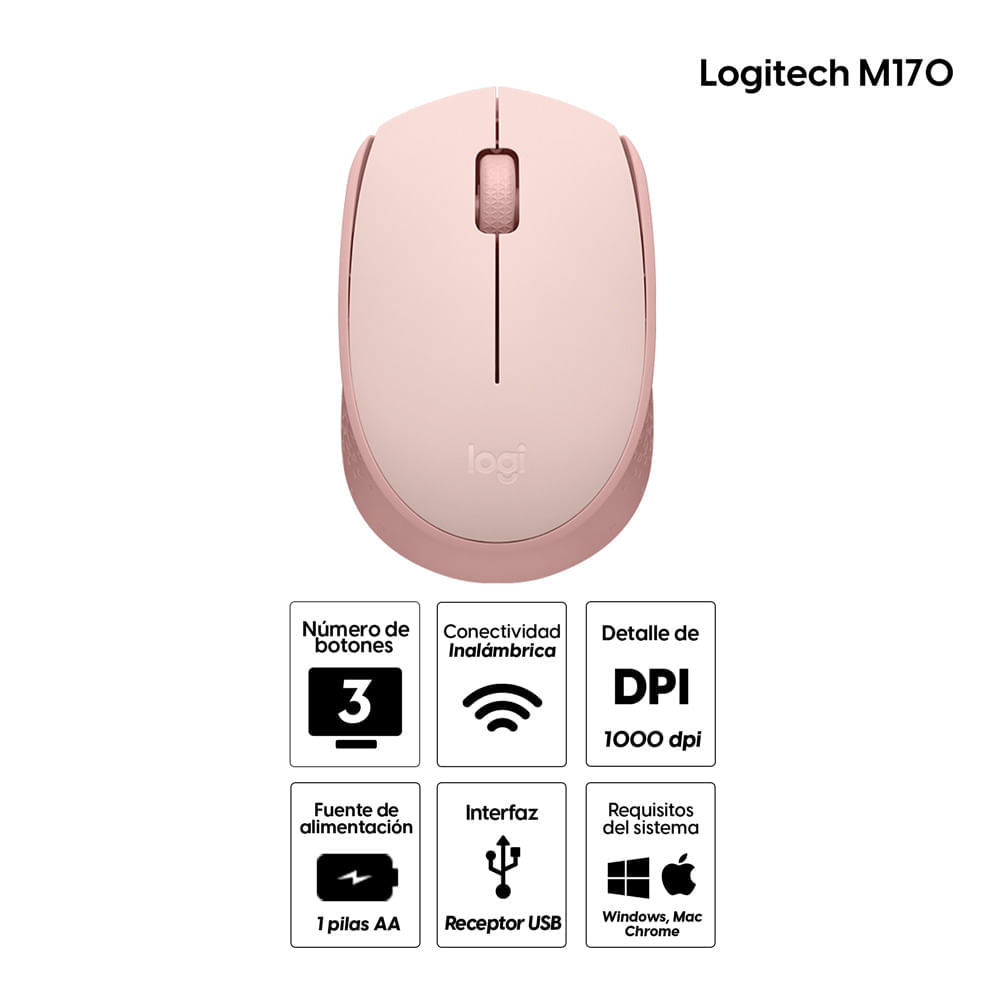 Imagen 2 del producto Reacondicionado: Mouse inalámbrico Logitech M170 receptor USB, 1000 dpi, 3 botones, usa pila, rosado
