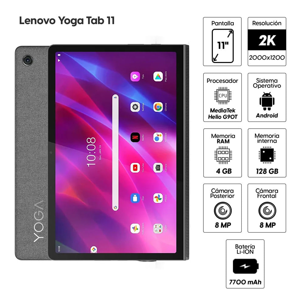 Imagen 2 del producto Reacondicionado: Tablet Lenovo Yoga Tab YT-J706F  11"" 128GB, 4GB RAM, cámara principal 8MP y frontal 8MP, 7700 mAh, MediaTek Helio G90T
