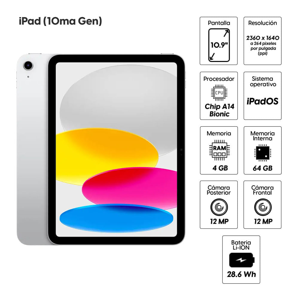 Imagen 2 del producto Reacondicionado: iPad (10ma Gen) 10.9"" 64GB, 4GB RAM, cámara principal 12MP y frontal 12MP, 28.6 Wh, Chip A14 Bionic, plata