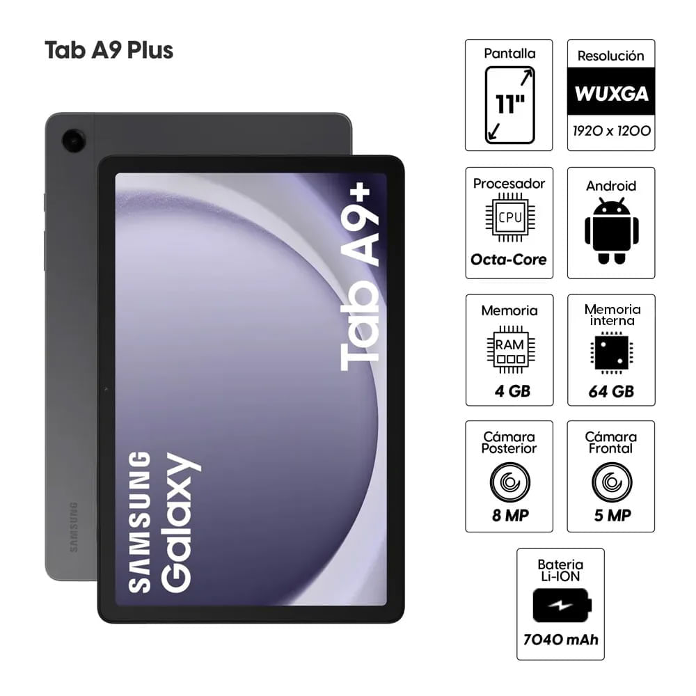 Imagen 2 del producto Reacondicionado: Tablet Samsung Galaxy Tab A9 Plus 11"" 64GB, 4GB RAM, cámara principal 8MP y frontal 5MP, 7040 mAh, grafito