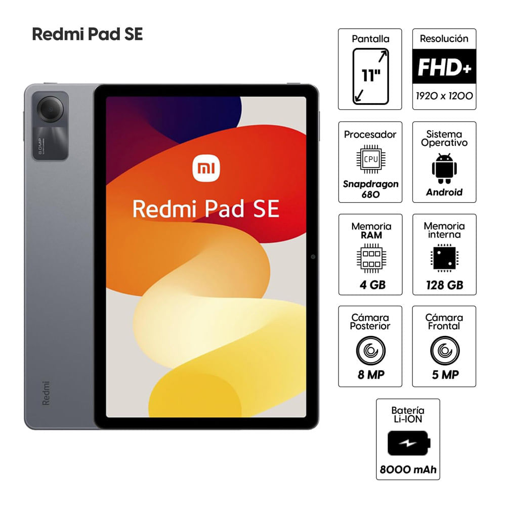 Imagen 2 del producto Reacondicionado: Tablet Xiaomi Redmi Pad SE 11” 128GB, 4GB RAM, cámara principal 8MP y frontal 5MP, 8000 mAh, Snapdragon 680, gris