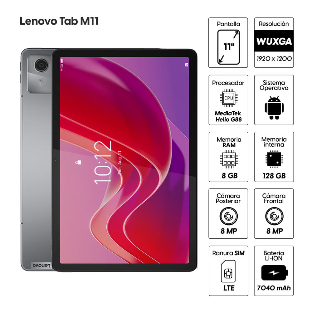 Imagen 2 del producto Reacondicionado: Tablet Lenovo Tab M11 11"" 128GB, 8GB RAM, cámara principal 8MP y frontal 8MP, 7040 mAh, MediaTek Helio G88, gris + Folio + Pen