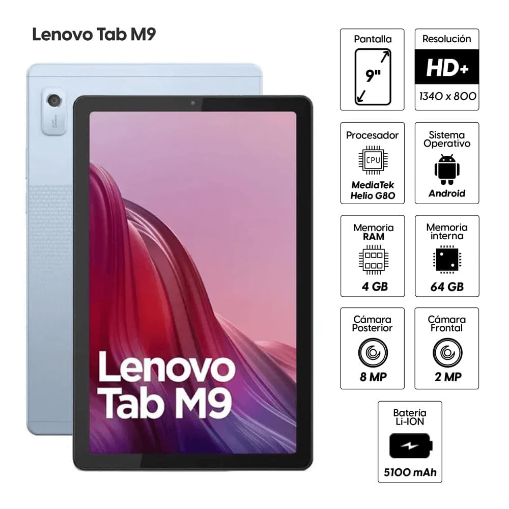 Imagen 2 del producto Reacondicionado: Tablet Lenovo M9 HD 9"" 64GB, 4GB RAM, cámara principal 8MP y frontal 2MP, 5100 mAh, MediaTek Helio G80, azul
