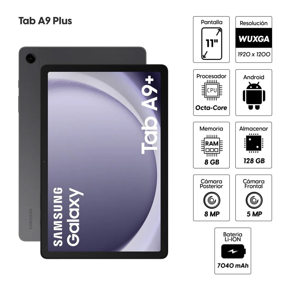 Imagen 2 del producto Reacondicionado: Tablet Samsung Galaxy Tab A9 Plus 11"" 128GB, 8GB RAM, cámara principal 8MP y frontal 5MP, 7040 mAh, gris