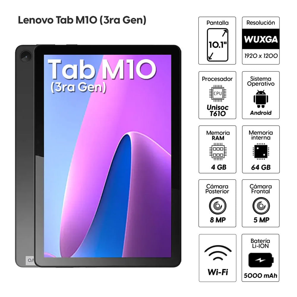 Imagen 2 del producto Tablet Lenovo Tab M10 (3ra Gen) TB328FU 10.1"" 64GB, 4GB RAM, cámara principal 8MP y frontal 5MP, 5000 mAh (reempacado)