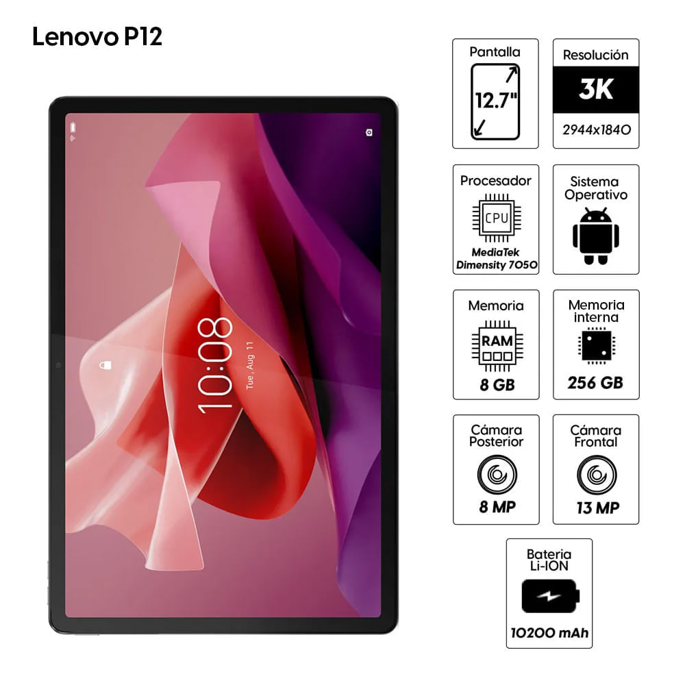 Imagen 2 del producto Tablet Lenovo P12 TB370FU 12.7"" 256GB, 8GB RAM, cámara principal 8MP y frontal 13MP, 10200 mAh (reempacado)