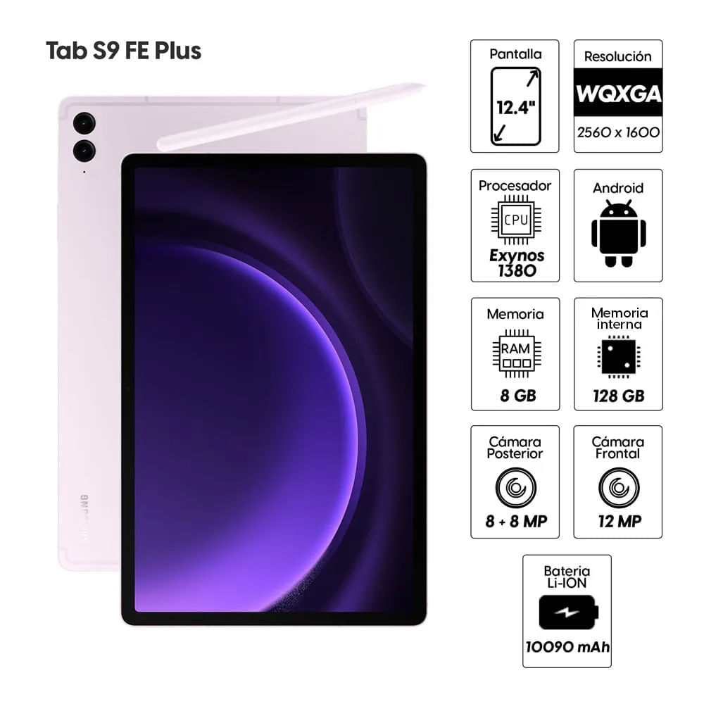 Imagen 2 del producto Tablet Samsung Galaxy Tab S9 FE Plus 12.4"" 128GB, 8GB RAM, cámara principal 8MP + 8MP y frontal 12MP, 10090 mAh, lila + Lápiz (reempacado)