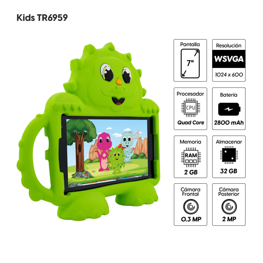 Imagen 2 del producto Reacondicionado: Tablet Advance Kids TR6959 7"" IPS, 32GB, 2GB RAM, cámara principal 2MP + Cover Dino verde