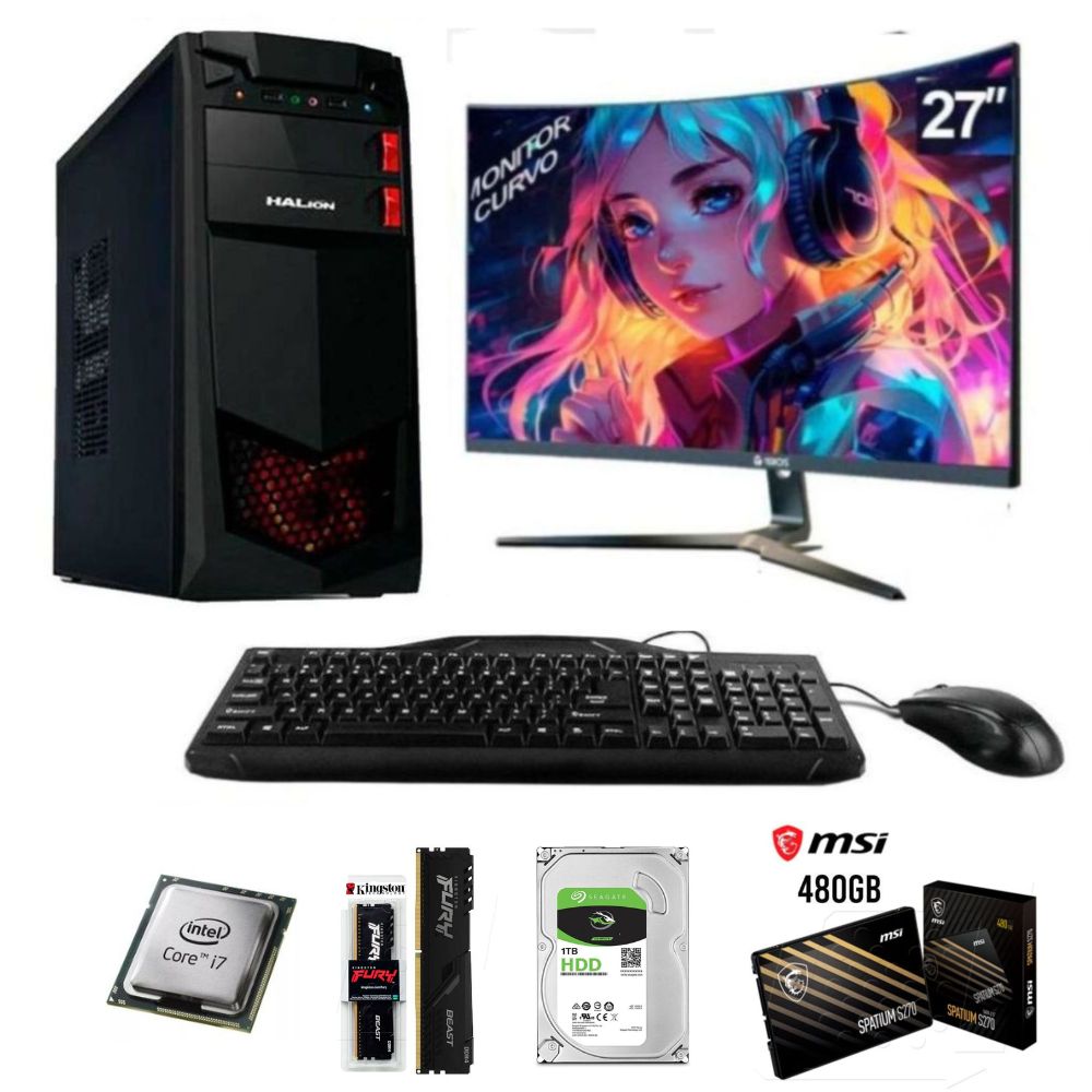 PC Intel Core i7-6th, RAM 16GB, SSD 480GB, HDD 1TB, monitor 27"+ FreeDos + teclado mouse
