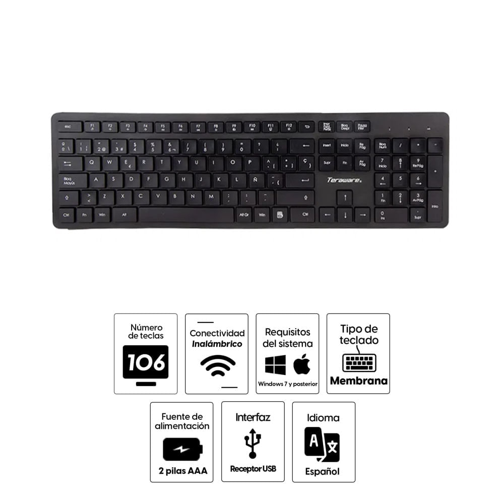 Imagen 2 del producto Kit inalámbrico Coolbox Teraware teclado y mouse, membrana, receptor usb, usa pilas, negro (reempacado)