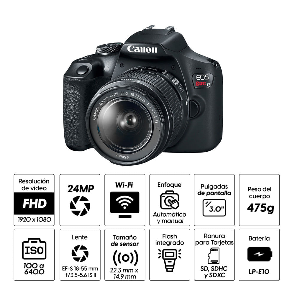 Imagen 2 del producto Cámara Canon EOS Rebel T7 DSLR con lente de 18-55mm, Wi-Fi, 24.1 MP, incluye memoria MicroSD 64GB y Maletín protector (reempacado)
