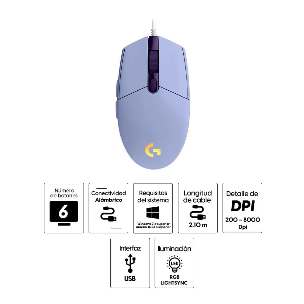 Imagen 2 del producto Reacondicionado: Mouse gamer alámbrico Logitech G203 Lightsync, conexión usb, 8000 dpi, 6 botones, luces RGB, lila