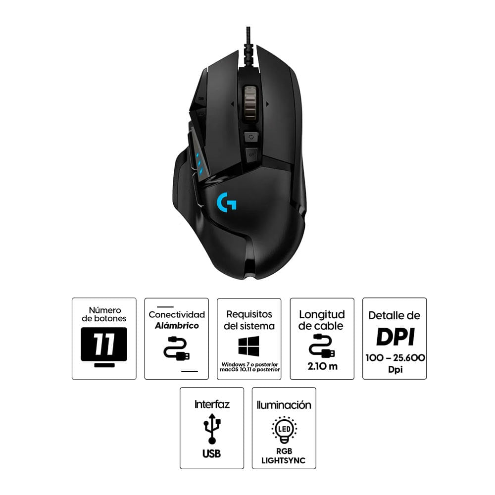 Imagen 2 del producto Mouse gamer alámbrico Logitech G502 Hero, conexión usb, 25000 dpi, 11 botones, RGB, negro (reempacado)