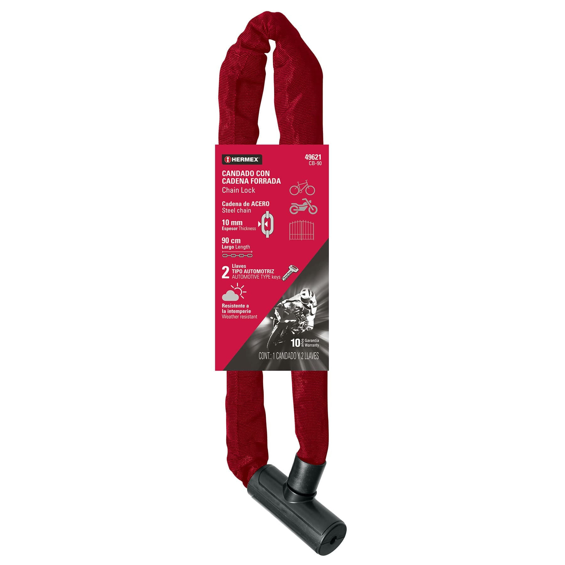 Imagen 2 del producto Candado con cadena, Hermex CB-90, eslabón 10 mm, forro antipolvo, 90 cm, para moto y bicicleta