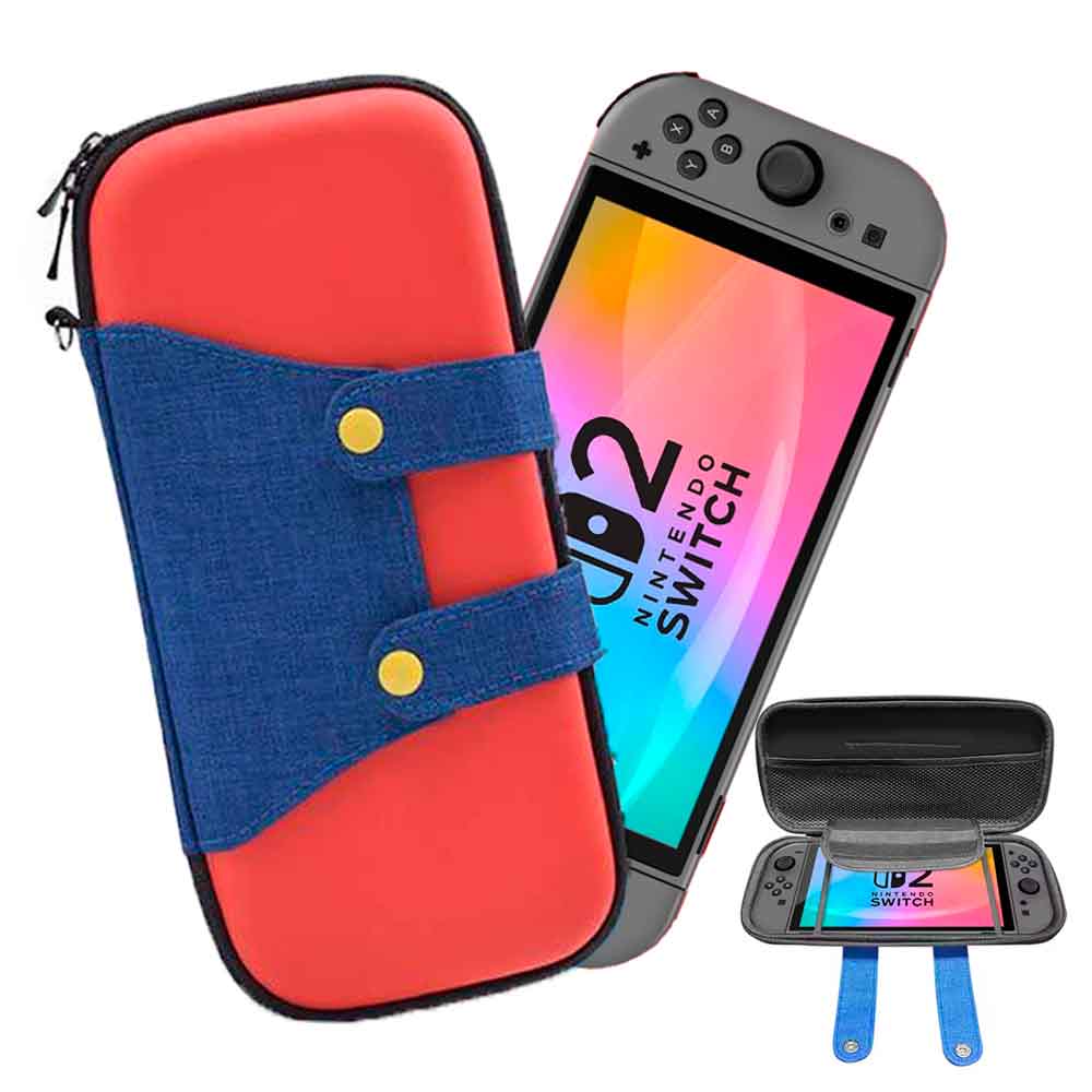 Estuche rígido Mario Switch 2, diseño EVA, protección resistente, compartimiento interior, rojo y azul
