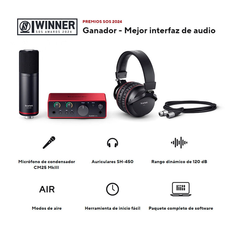 Imagen 2 del producto Combo: Interfaz de audio, Focusrite Scarlett Solo Studio 4th Gen, micrófono CM25 MkIII, audífonos SH-450, USB-C, 24-bit
