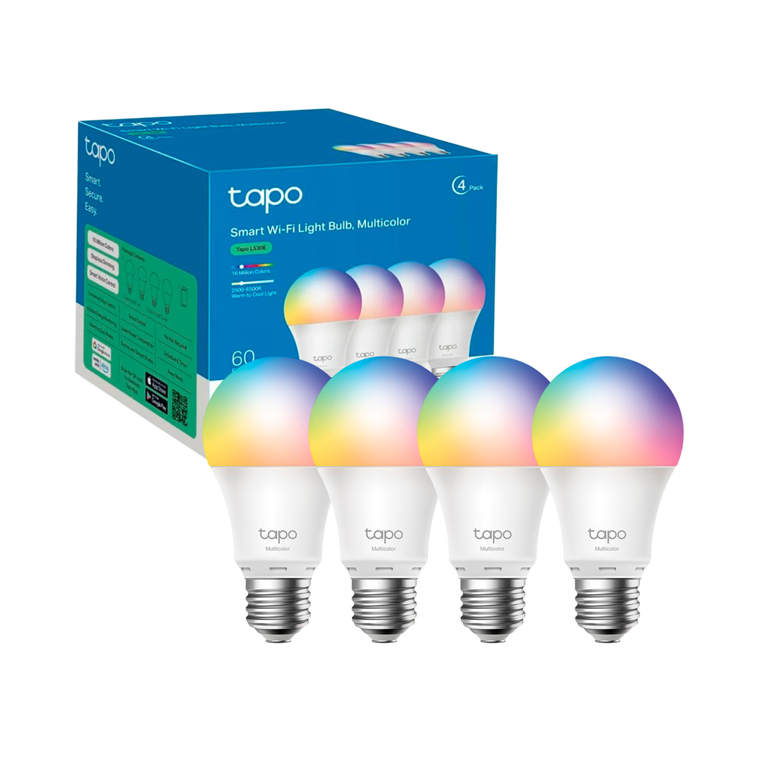 Combo: 4 Bombillas Inteligentes TP-Link Tapo L530E E27, 16 millones de colores, regulable, Wi-Fi 2.4GHz