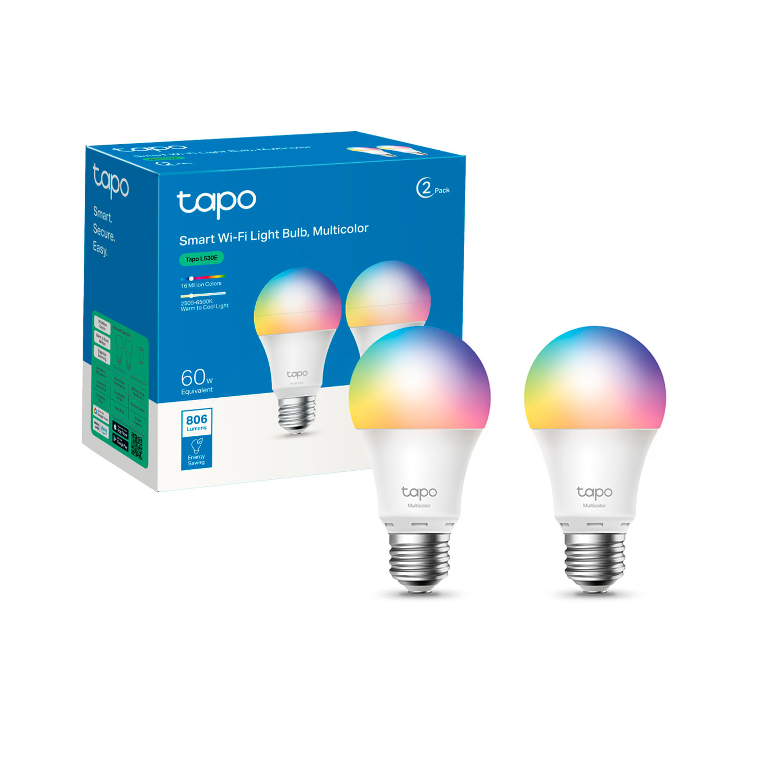 Combo: 2 Bombillas Inteligentes TP-Link Tapo L530E E27, 16 millones de colores, 806 lúmenes, regulable, Wi-Fi 2.4GHz